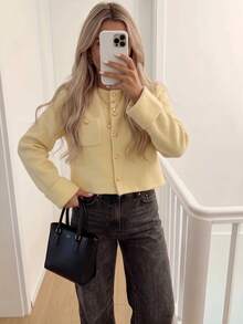 Cardigan Rajut Lengan Panjang Minimalis Kasual Elegan untuk Wanita, Cocok untuk Kencan dan Berpergian - Kuning - View 3