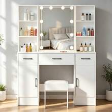 Teousev Dressing Table With LED Lighted Mirror & Stool, Vanity Makeup Desk With Side Open Shelves, Drawers And Storage Cabinets, White Cosmetic Dressing Table Set For Bedroom - White - View 2
