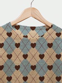 ADFHP Women's Summer Lightweight Breathable Short Sleeve Knit Top, Vintage Collegiate Style Argyle Heart Print, Loose Drop Shoulder Drapey Versatile Blouse - Multicolor - View 5