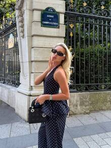 Women's Black & White Polka Dot 2 Pieces Set, Halter Deep V-Neck Backless Ruffle Top With High-Waist Wide-Leg Pants - Black and White - View 3