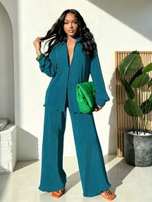 2pcs Women's Casual Printed Pleated Shirt & Wide Leg Pants Set Spring Elegant - Cobalt Blue - View 3