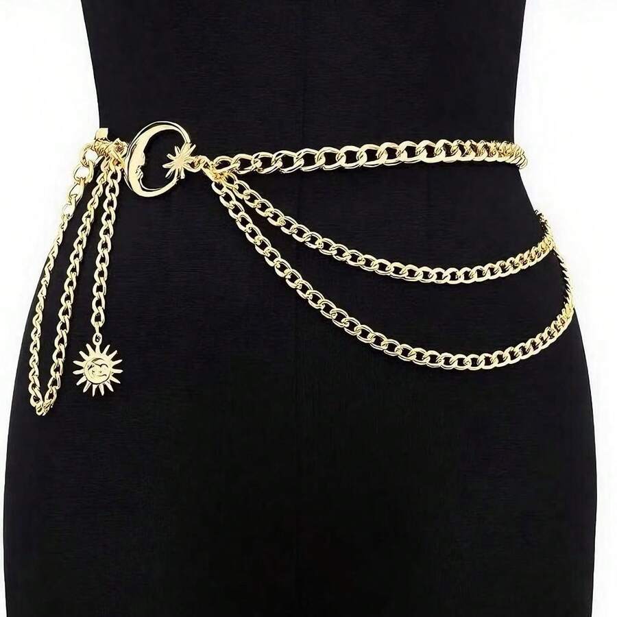 1pc Fashion Moon Multi-Layer Metal Chain Waist Belt, Hip Hop Punk Sun & Crescent Moon Body Chain - Gold - View 1