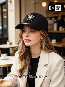 New Era Black NY Baseball Cap, Vintage Textured Design, Casual Street Style Daily Wear Hat - Black - View 2