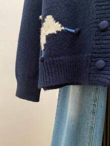 Women's Navy Blue Pom Pom Bow Knit Cardigan, Button Front Sweater Jacket, Suitable For Coffee Date, Autumn/Winter, Halloween, Thanksgiving, Christmas - Navy Blue - View 10