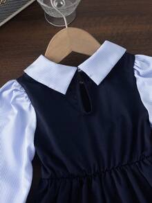 BASUSARRI Young Girls Dress With Collar, Buttons, Striped Patchwork, Pleated Hem, Preppy Style, Fashionable Elegant, Campus School Uniform, Simple And Stylish - Blue - View 7