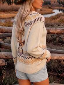 Women's American Western Style Horse Jacquard Knit Cardigan, Outdoor Camping Country Travel Old Town Street Style Casual Slimming Autumn - Apricot - View 7