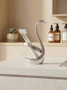 1pc Luxury Swan Design Toothbrush Holder, Stainless Steel Desktop Storage Rack, Suitable For Home Bathroom Vanity And Multiple Scenes, Sturdy Placement For Toothbrush And Toothpaste, Exquisite Artistic Craftsmanship Decor, Minimalist Silver Appearance, Space-Saving, Bathroom Desktop Decoration And Storage 2-In-1 Practical Item - Multicolor - View 5