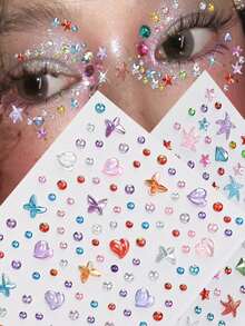 451pcs 3D Summer Rainbow Glitter Rhinestone Stickers, 2pcs Shiny Heart-Shaped Self-Adhesive Rhinestone Stickers, Heart Design Suitable For Makeup And Clothing, Multi-Color Diamond Face Decor For Festivals, Parties And Events - Multicolor - View 1