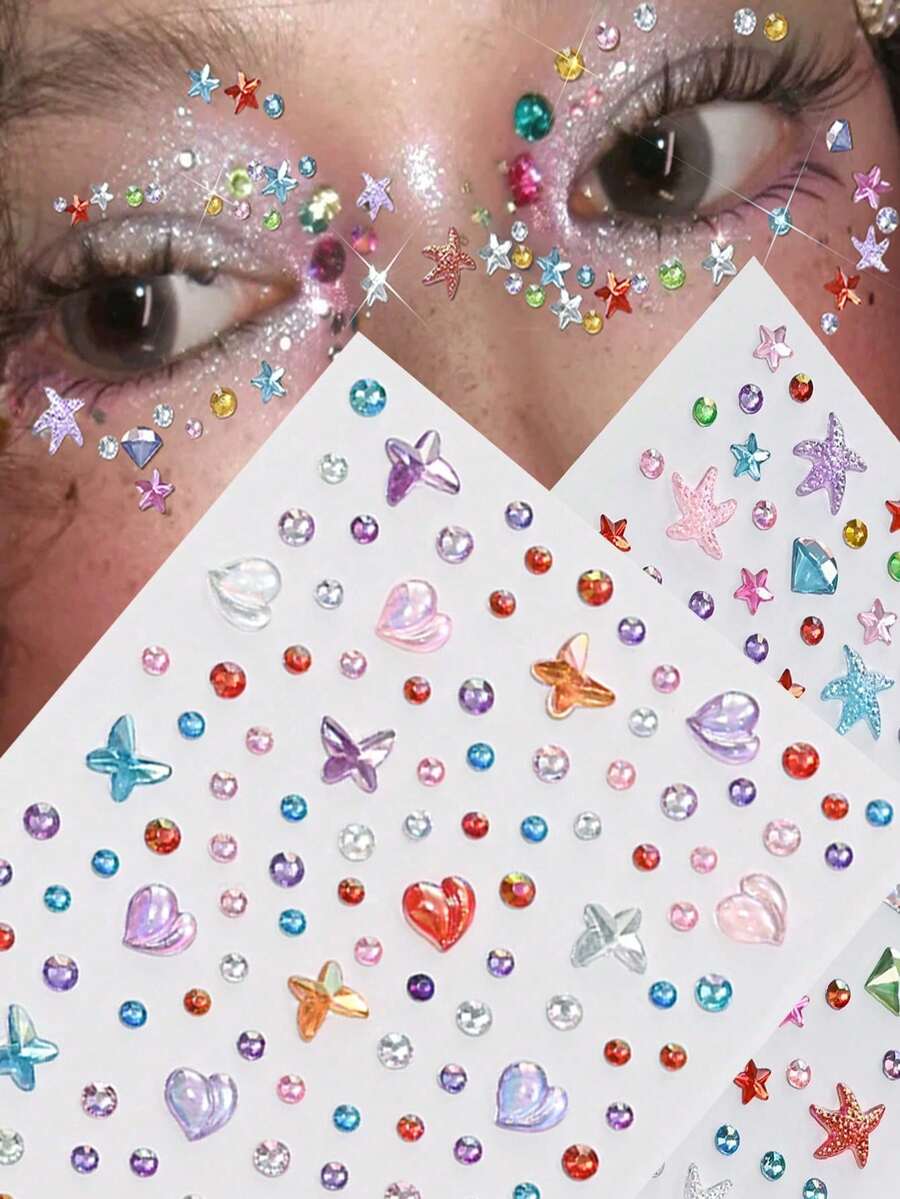 451pcs 3D Summer Rainbow Glitter Rhinestone Stickers, 2pcs Shiny Heart-Shaped Self-Adhesive Rhinestone Stickers, Heart Design Suitable For Makeup And Clothing, Multi-Color Diamond Face Decor For Festivals, Parties And Events - Multicolor - View 1