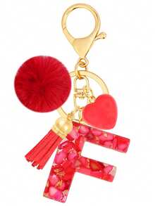Cute Initial Red Heart Gold Foil Stone Tassel Pom Pom Keychain Resin Drip Glue Minimalist Personalized Key Chain For Women Bags Daily Wear And Gift - Red - View 14