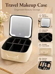 LED Makeup Mirror Cosmetic Bag, Large Capacity Cosmetic Storage, 3 Color Lights, Dimmable Touch Control, Adjustable Dividers, Portable Travel Cosmetic Organizer, Skincare, Brushes & Cosmetics, Gift For Girls And Women - Multicolor - View 5
