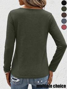 3pcs Women's Autumn Long Sleeve V-Neck Lace Detail Knit T-Shirt Regular Fit Top - Army Green + Dark Brown + Dark Blue - View 2