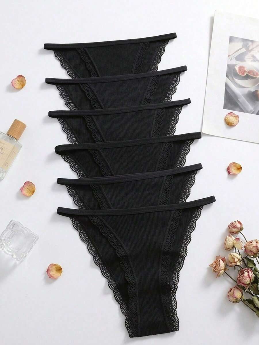 6件裝蕾絲飾邊羅紋針織三角內褲 素色女款內褲 - 彩色 - 查看 1