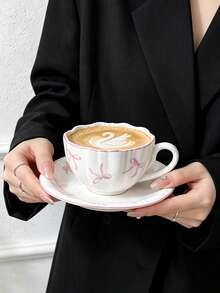 1pc French Girl Style Pink Bow Ceramic Coffee Cup And Saucer Set, Delicate High-Temperature White Porcelain Material, Wavy Rim, Pink Edge Trim, Hand-Painted Soft Pink Bow Print, Rounded Comfortable Handle; Suitable For Latte, Fruit Tea, Milk, Home Afternoon Tea, Office Drinking, Cafe Display, Girly Desktop Decor, Exquisite Holiday Gift And Other Various Occasions - Multicolor - View 10