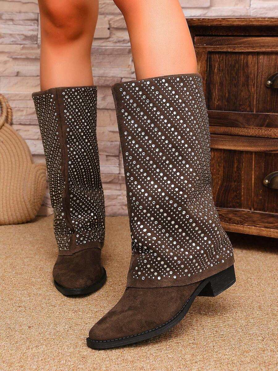 Elegant Sparkling Full Rhinestone Slouchy Tall Boots For Women, Vintage Pointed Toe Chunky Heel Western Style Tube Boots, Eye-Catching Look Suitable For Parties, Outings And Various Occasions - Brown - View 1