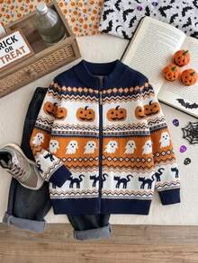 Boys Cute Colorblock Ghost Pumpkin Head Pattern Stand Collar Long Sleeve Knit Cardigan Suitable For Halloween Spring Autumn Winter - Navy Blue - View 3