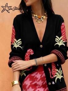 Sea Starshine Women's Casual Commute Straw Hat, Sun Print Leopard Long Sleeve Round Neck Cardigan With Amber Buttons, Autumn/Winter - Black - View 3
