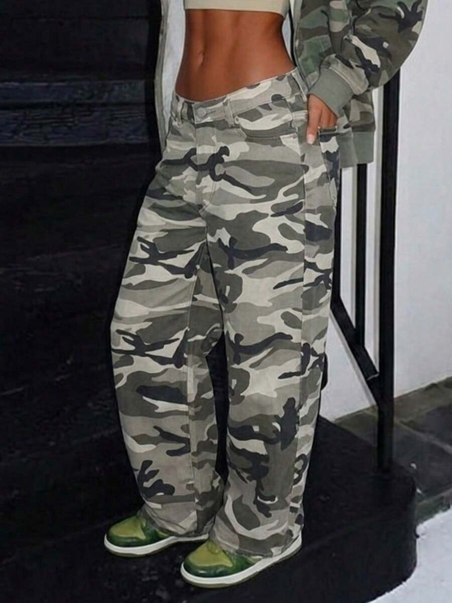 Celana Jeans Wanita Model Lurus Longgar Kasual Motif Kamuflase Y2K untuk Musim Gugur - Khaki - View 1