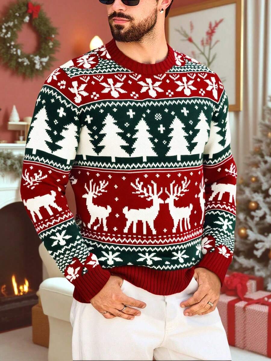 Men's Autumn/Winter Christmas New Crew Neck Knit Sweater, Essential For Christmas, Casual Business, Versatile Commute, Holiday Wear - Red - View 1