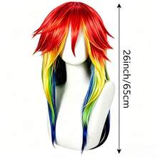Vibrant 26 Inch Rainbow Color Long Straight Wig, Side Bangs Rainbow Hair Color, Anime Inspired Wig, Synthetic Fiber Wig, Adjustable Breathable Inner Cap, Easy To Style, Suitable For Cosplay, Party And Daily Wear, Perfect For Halloween Events - Multicolor - View 8