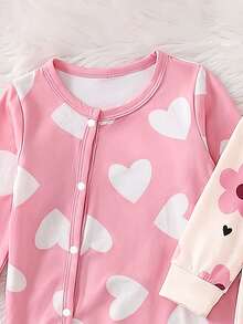 2pcs Baju Terusan Bayi Baru Lahir Musim Semi/Panas Motif Bunga & Hati Lengan Panjang, Bodysuit Rajut Kancing Jepret, Warna Pink & Aprikot Elastis untuk Pakaian Rumah/Luar Ruangan, Pakaian Dasar Sehari-hari Bayi Perempuan Musim Gugur - MultiWarna - View 3