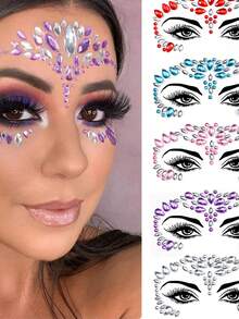 5Pcs/Set Assorted Color Round Waterdrop Crystal Face Jewel Stickers Waterproof Sparkling Self-Adhesive Facial Rhinestone Decals Suitable For Rave Events, Masquerade Balls And Festival Body Makeup Halloween Face Diamond Sliders - Multicolor - View 2