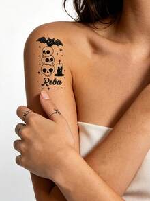 4-40PCS Custom Halloween Temporary Tattoo, Personalized Name Fake Tattoo Sticker, Spooky Ghost Bat Haunted House Style, Customized Body Tattoo For Halloween Party, Customizable Costume Accessory, Halloween Favor, Unique Holiday Gift, Halloween Gifts - Black and White - View 5
