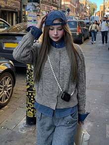 Autumn/Winter Solid Color Loose Button-Front Long Sleeve Women's Cardigan Jacket - Grey - View 4