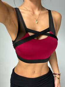 Kuswouy Women's Solid Color Removable Padded Mesh Patchwork Criss-Cross Back Sports Knit Bra - Multicolor - View 4