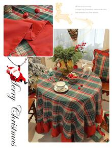 1pc Christmas Green Plaid Tablecloth With Red Ruffle Trim, Holiday Dining Table Cover For Christmas Home Decor - Green - View 6