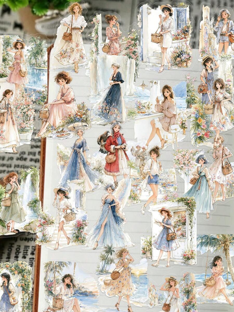 50pcs Vacation Time Stickers For Notebook, Planner, Diary, Scrapbook, Tablet, Luggage, Laptop, Holiday Doodle Stickers, Self-Adhesive Sealing Stickers - Vacation Time - View 1