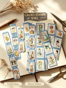 (4 Styles Randomly Sent) 1 Pack 20pcs Gold Foil Long Strip Ticket Stickers, Vintage Creative Aesthetic Decals, DIY Decoration Collage Craft Materials, Holiday Gift, Personalized Scrapbook School Stationery Supplies - W.P. Random - View 2