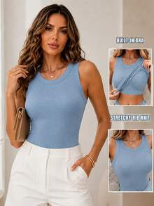 ChicMe Women's Built-In Padded Ribbed Tank Top, Round Neck, Sleeveless, Slim Fit, Casual Basic T-Shirt, Suitable For Work, Gatherings, Daily Street Wear - Dusty Blue - View 8