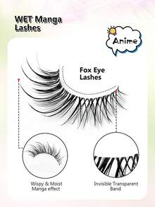 Asiteo 5 Pairs Cartoon Wet Fox/Cat Eye Style False Eyelashes, Full Strip Anime Style Eyelashes, Thin Transparent Band Invisible False Eyelashes, Suitable For Daily Commute - Black - View 2