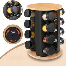 16/20 Jar 360° Rotating Spice Rack Organizer, Glass Seasoning Jar Set With Carousel Stand, Space-Saving Countertop Spice Holder, Kitchen Herb & Spice Storage Rack - Black - View 5