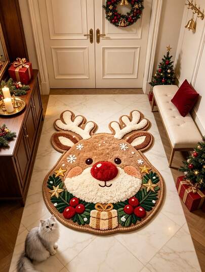 1 pieza Felpudo de Reno Navideño, Regalo de Navidad, Felpudo, Alfombra Pequeña, Felpudo de Bienvenida, Alfombra, Felpudo de Suelo, Felpudo Exterior, Alfombra de Cocina, Decoración del Hogar, Felpudo de Puerta Principal, Alfombra de Área, Felpudo Exterior