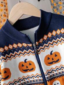 Boys Cute Colorblock Ghost Pumpkin Head Pattern Stand Collar Long Sleeve Knit Cardigan Suitable For Halloween Spring Autumn Winter - Navy Blue - View 8