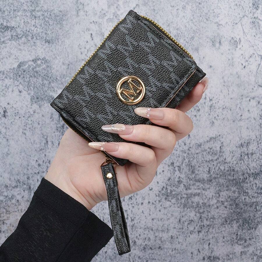 Women's Short Zipper Trifold Embroidered Fashion New Style Multi-Card Slot Clutch Wallet, Small Coin Purse With Wrist Strap, Suitable For Daily Use, Back To School Gift, School Opening Gift, Graduation Gift, Birthday Gift, Women's Gift - Black - View 1