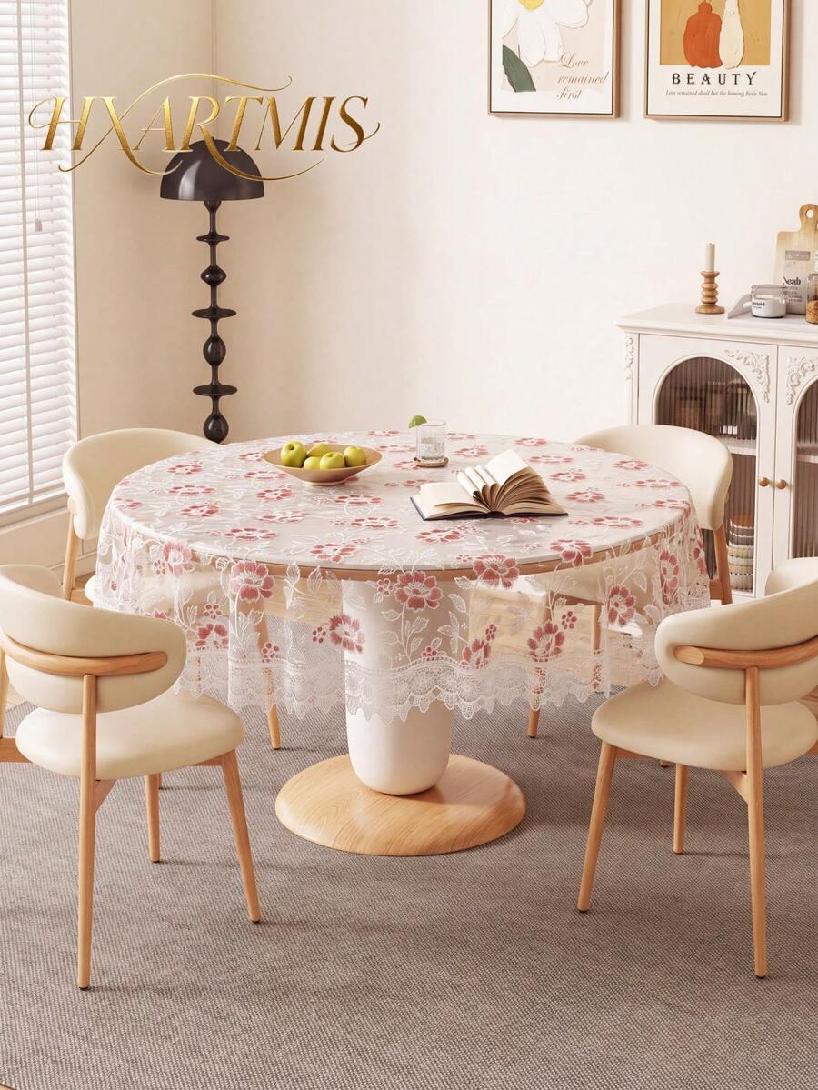 HXARTMIS 1PC Hollow Lace Floral Embroidered Round Tablecloth, Water-Soluble Lace Trim, Washable Polyester Fiber Tablecloth, Suitable For Coffee Side Table, Wedding, Holiday, Home Tabletop Decoration - White - View 1