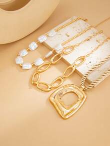 3pcs/Set Kalung Berlapis Gaya Bohemian Vintage, Liontin Persegi Berongga Bertekstur dengan Mutiara Barok, Aksesori Hadiah Mewah yang Unik - Emas - View 2