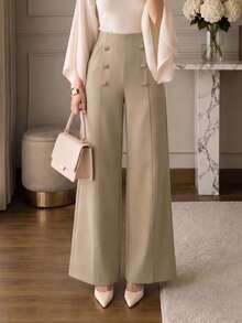 Women's Khaki High Waist Double Row Metal Button Wide Leg Suit Pants, Commuter Business Elegant Pants - Khaki - View 2