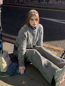Autumn/Winter Solid Color Loose Button-Front Long Sleeve Women's Cardigan Jacket - Grey - View 6