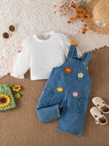 Baby Girl Spring/Autumn Sweet Cute Floral Overalls 2-Piece Set, Puff Long Sleeve White T-Shirt With 3D Flower, Wide Leg Overalls With Large Side Pockets, Playful And Adorable, Soft And Comfortable Casual Outfit For Toddlers - White - View 3