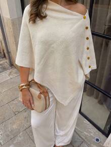 1pc Women's Casual Knit Cardigan With Button Detail, Elegant Fashion Long Sleeve Regular Length Cape, Suitable For Autumn Wear - Apricot - View 2