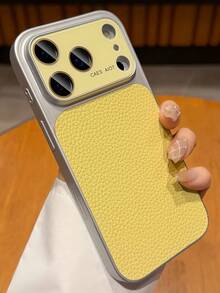 Luxury Lychee Pattern Faux Leather Large Window Phone Case Compatible WIth IPhone 17Pro Max 17Pro 17 16Pro Max 16Pro 15Pro Max 15Pro 13Pro Max 14 Pro 16 15 14 13 Lens Protection Shockproof Back Cove - Yellow - View 3