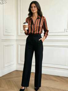 1pc Striped All-Over Print Button-Front Long Sleeve Shirt Blouse, Suitable For Vacation, Evening Date, Holiday, Birthday Party, Back To School Party, Spring & Autumn - Bronze - View 1
