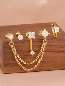 4PCS Flower Zirconia Tassel Chain Pendant Earrings Set For Women 18K Gold Plated Stainless Steel Round Zirconia Ear Stud Delicate Daily Jewelry - 4PCS-gold - View 2