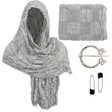 1pc Medieval Distressed Ripped Hooded Scarf Set, Vintage Viking Brooch Pin, Renaissance LARP Cosplay Halloween Headwrap For Men And Women - Multi-color - View 5