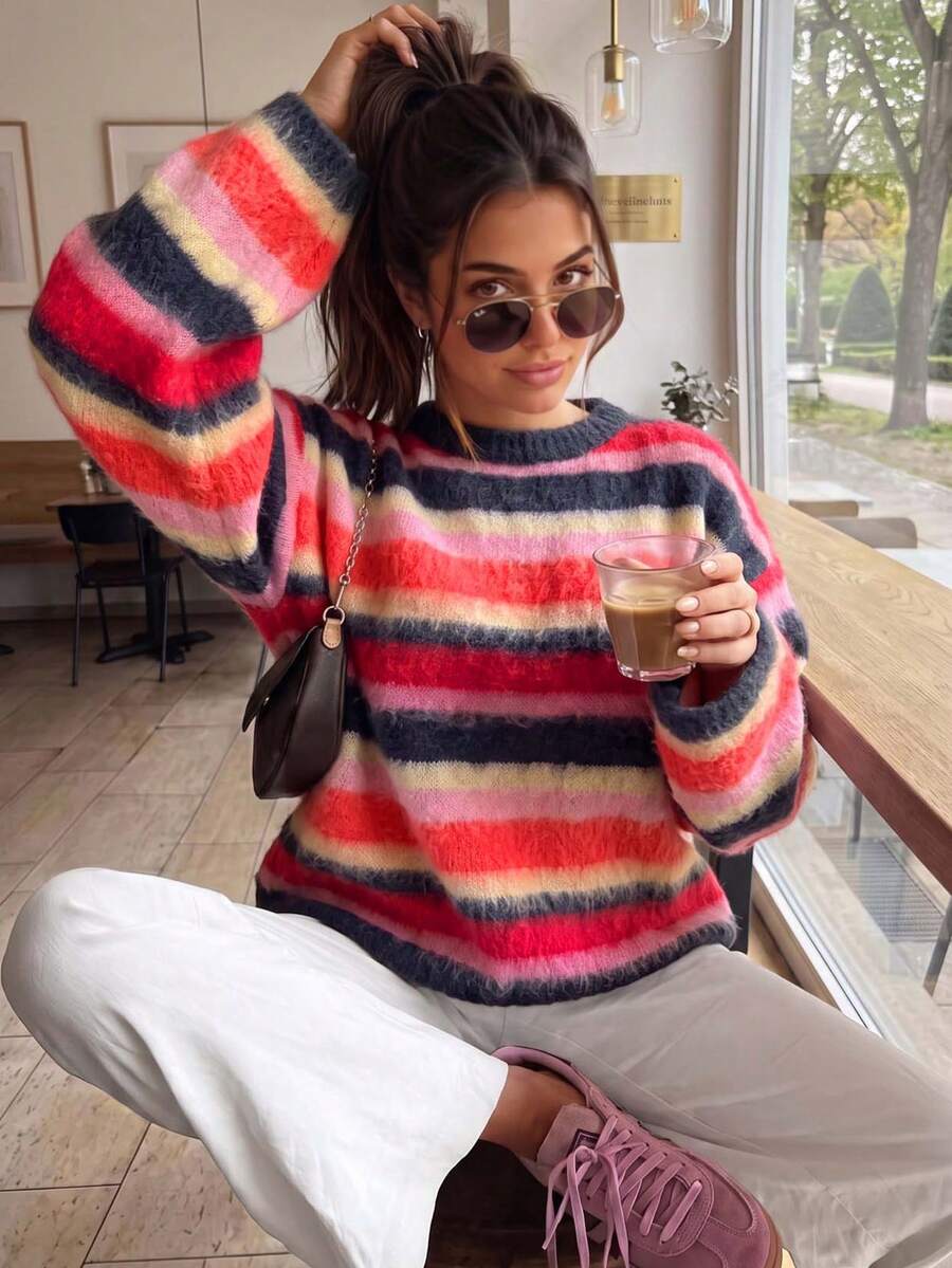 Women's Elegant Striped Textured Pullover Sweater Fall - Multicolor - View 1