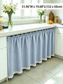 1 buah Tirai Pendek Gingham Elegan, Rok Meja, Dekorasi Trim Renda Unik, Tirai Jendela Gaya Kafe, Cocok Untuk Jendela Lemari, Dapur, dan Kamar Mandi - Blue and White - View 8